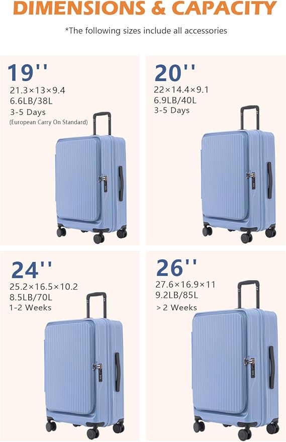HotWay 19 Inch Expandable Carry On Luggage with Cup Holder, Hardside TSA Approved Luggage with Spinner Wheels, Top Opening Suitcase For Travel, White