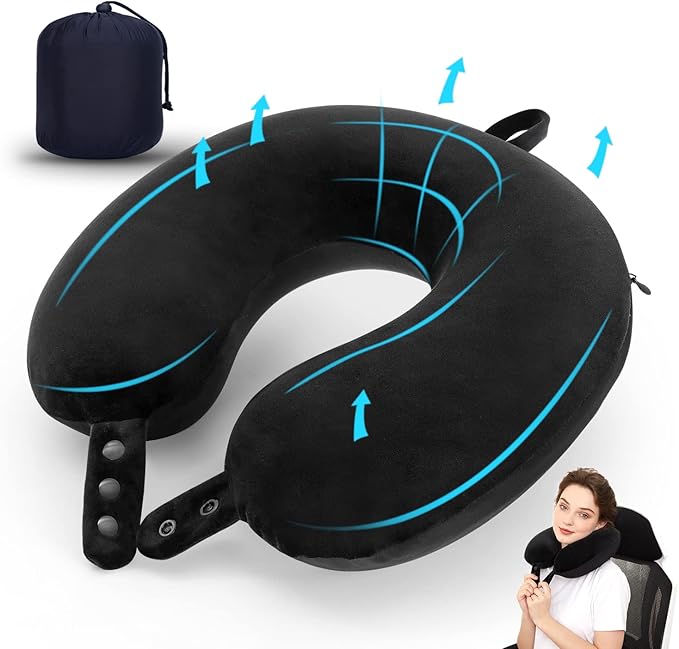 Travel Pillow, Best Memory Foam Neck Pillow Head Support Soft Pillow for Sleeping Rest, Airplane Car & Home Use (Black5)