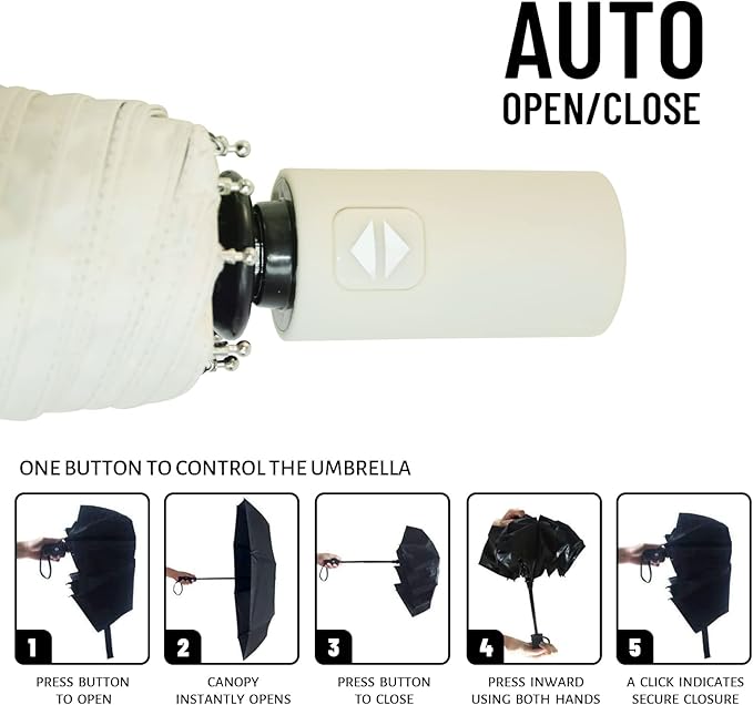 SY COMPACT Umbrella Automatic Travel Waterproof Light Folding Umbrellas Easy Carry for Women and Men (Creamy White)