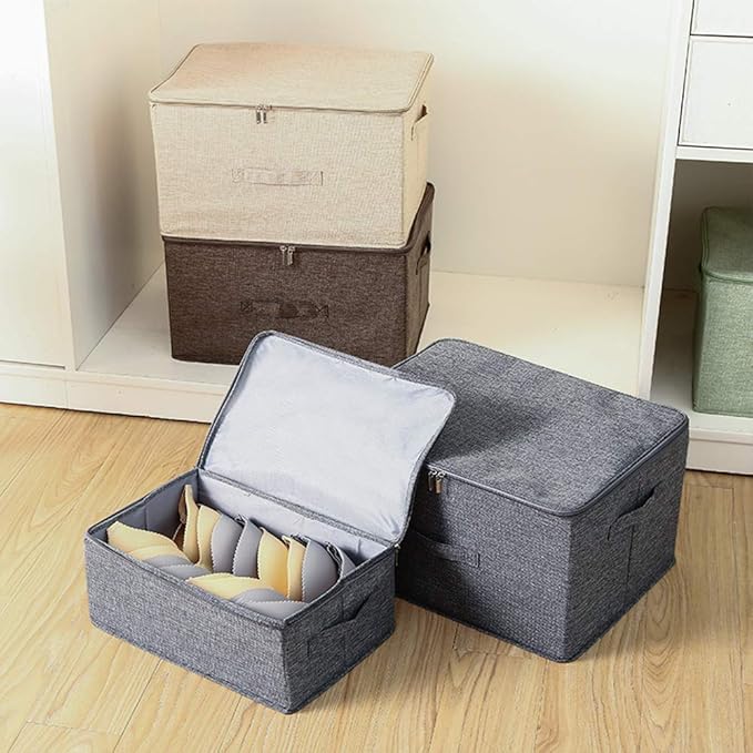 ANMINY 2PCS Storage Bins with Zipper Lids 13 Qt Lidded Fabric Storage Boxes Baskets Cubes with Handles Collapsible Washable Cotton Linen Closet Shelf Clothes Organizer Containers - Gray, Small