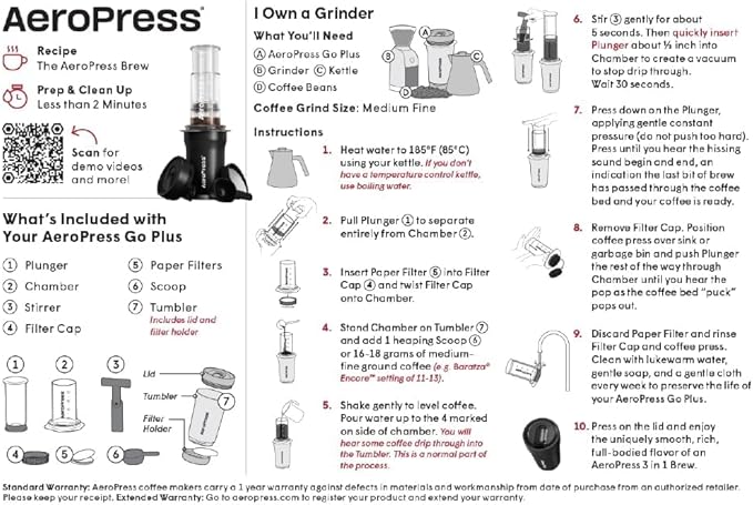 AeroPress Go Plus, Small Portable Coffee Maker for Travel & Camping - 3 In 1 Brew Method Combines French Press, Pourover, Espresso, Full Bodied Coffee without Bitterness, Coffee Press Kit - Black