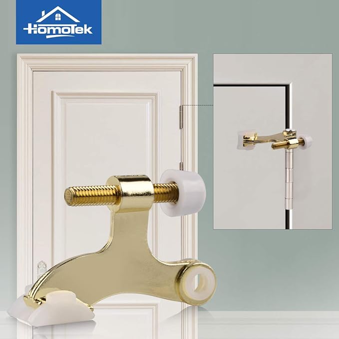 HOMOTEK 8 Pack Hinge Pin Bright Brass Door Stopper, Gold Door Stops, Adjustable Deluxe Heavy Duty Door Stopper 2-1/2"x1-3/4”,with White Rubber Bumper Tips