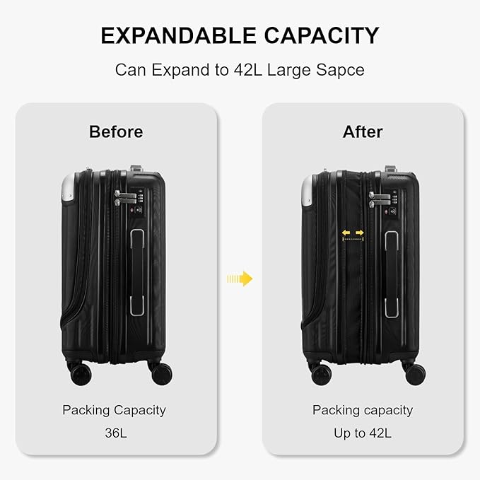 LEVEL8 Grace Carry On Luggage Airline Approved, 20 Inch Expandable Hardside Carry On Suitcase With Wheels, Abs+Pc Small Luggage with Tsa Lock, Black, 20-Inch