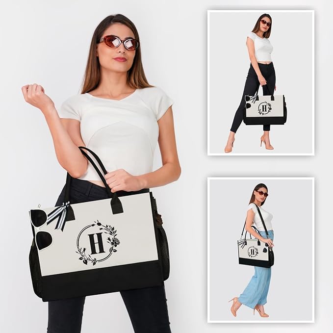 TOPDesign Personalized Initial Canvas Tote Bag, for Wedding, Birthday, Beach, Perfect Gifts for Women, Mom, Teachers, Friends