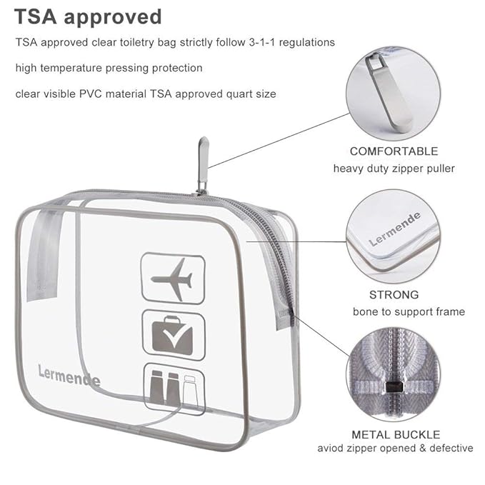 Lermende 2pcs Clear Toiletry Bag TSA Approved Travel Bag,Carry On for Travel,Airport Airline Accessories Compliant Bag,Quart Sized Makeup Cosmetic bag Women Men (Gray, 3 Pack)