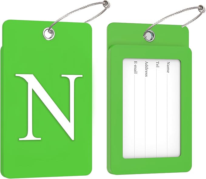 Gostwo 2 Pack Luggage Tags for Suitcases, 26 Initial Letter Travel Luggage Baggage Identification Labels ID Tag Fully Bendable Tags with Stainless Steel Loop (Green) (Letter N)