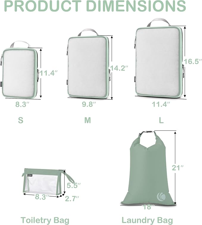 Cipway Compression Packing Cubes, See Through Mesh Luggage Organizer Bags, Travel Essentials for Carry on Suitcase with Laundry Bag and Clear Toiletries Bag（6 Pcs,Sage Green）