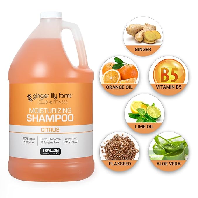Ginger Lily Farms Club & Fitness Moisturizing Shampoo for All Hair Types, 100% Vegan & Cruelty-Free, Citrus Scent, 1 Gallon Refill (Pack of 4)