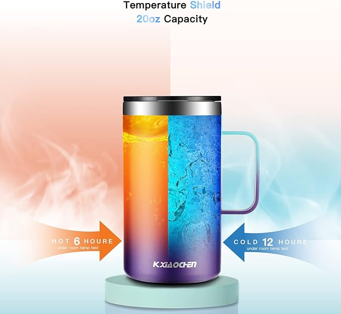 KXIAOCHEN 20oz Insulated Coffee Mug with Lid, Stainless Steel Coffee Cup, Double Wall Vacuum Coffee Tumbler with Handle, Premium Thermal Travel Coffee Mug (Black Purple 2Pack)