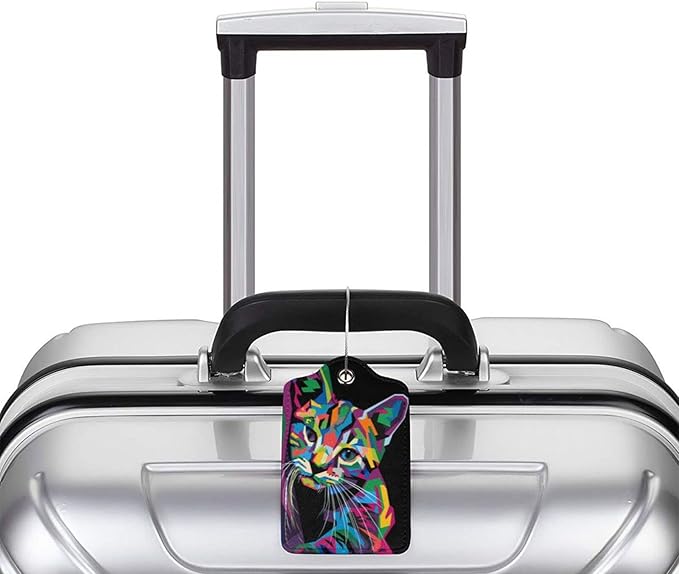 2-Pack Artistic Cat Luggage Tags for Suitcases, Leather Art Style Colorful Animal Baggage Tag with Loop, Funny Cool Name ID Card Cover Travel Bag Labels Set for Women Men Boys Girls Kids