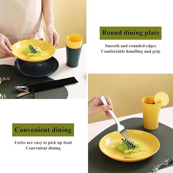 Evanda Camping Cutlery Set, Reusable Light Weight Mug, Plate and Stainless Steel Cutlery Set with Black Bag, Dishwasher Safe
