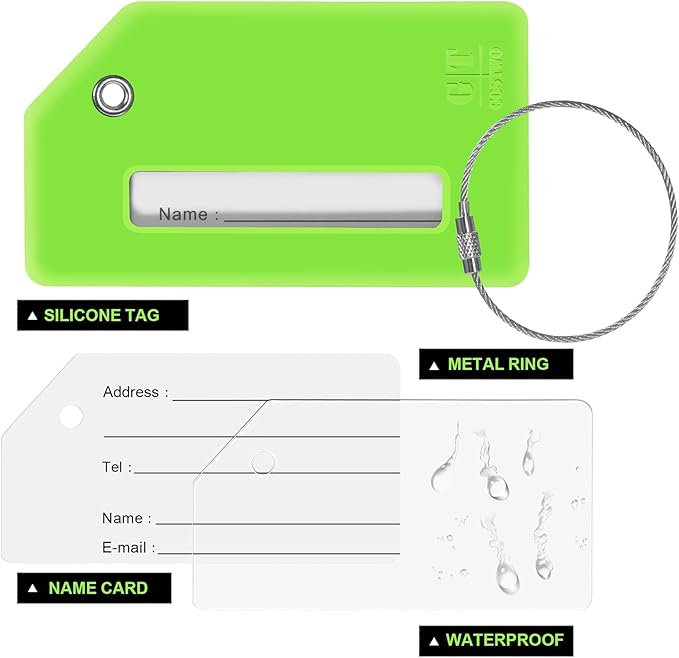 8 Pcs Luggage Tags for Suitcases, 26 Initial Letter Travel Luggage Baggage Identification Labels ID Tags Fully Bendable Tags with Stainless Steel Loop (Letter S, Green)