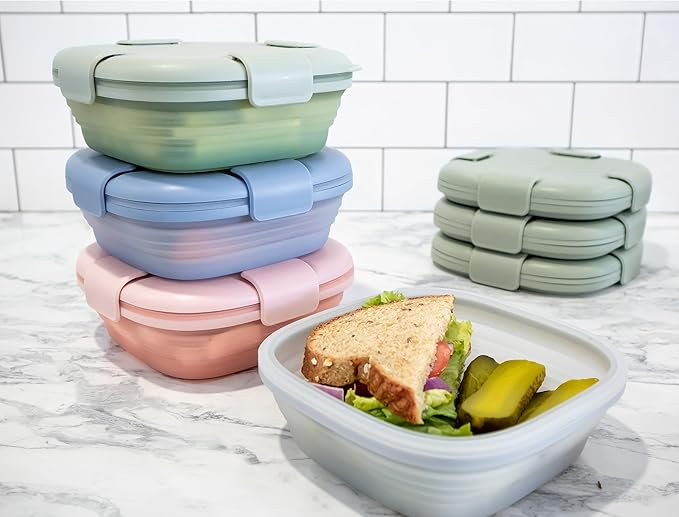 STOJO Collapsible Sandwich Box – 24oz, Reusable Food Storage Container, Silicone Bowl for Hot/Cold Food – Meal Prep, Lunch, Camping, Hiking – Dishwasher Safe (Set of 3, Translucent Denim)
