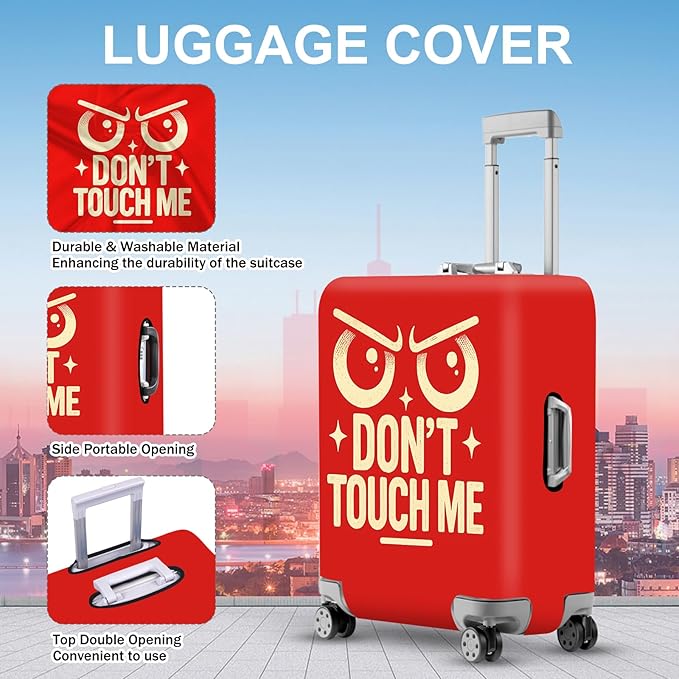ANNA QUEEN Funny “Don’t Touch Me” Luggage Cover, Bold Red Suitcase Protector with Angry Eyes Design, Stretchable, Washable Travel Cover for 24-26 Inch Luggage