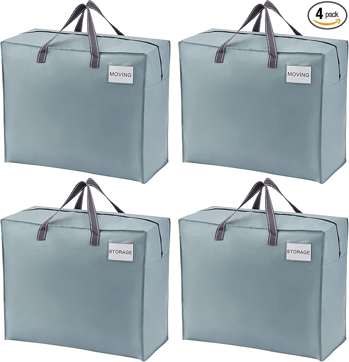 VENO 4 Pack Heavy Duty Moving Bags, Storage Bags, Packing Supplies, Top Zipper, Storage Totes for Camping, Clothes, Bedding, Comforters, Pillows (22 Gallon Light Blue, 4 Pack)