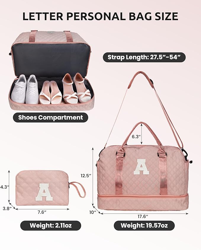 Birthday Gifts-for Women-Initial Duffle Bag with Shoe Compartment, Personalized Weekender Bag, Monogram Overnight Bag, Letter Travel Bag with Makeup Bag，Friend Wife Birthday Gift (Letter C)