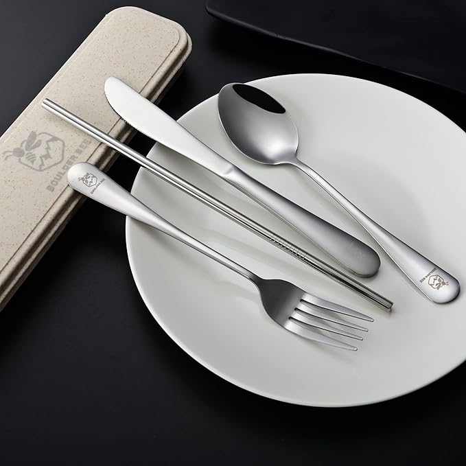 Boulder Bee | Travel Utensils Set | Reusable Camping Cutlery Set | Stainless Steel Flatware Set | Portable Silverware Set with Case | Includes Knife/Fork/Spoon/Straw/Cleaning Cloth/Case (Silver)