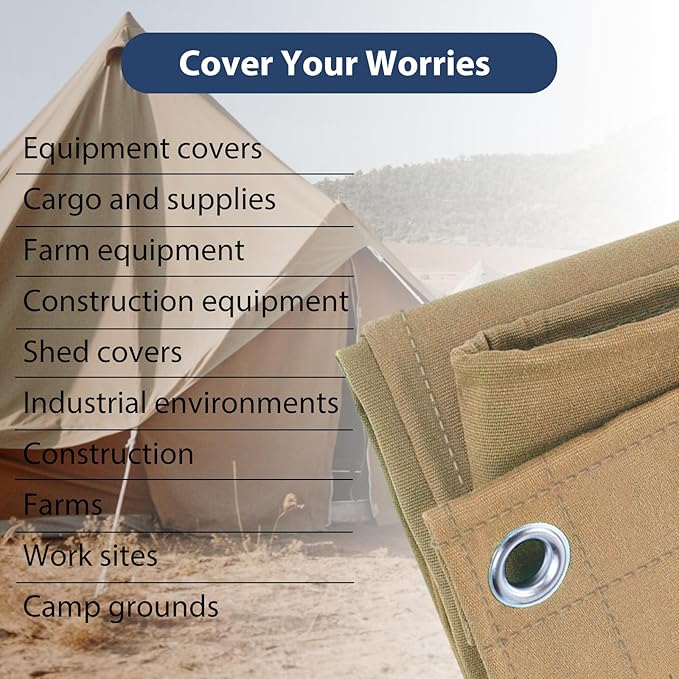 10’x12’ Canvas Tarps Heavy Duty Waterproof Tarpaulins with Aluminum Grommets,UV Resistant, 22Mil Multipurpose Drop Cloth, 14oz Cover Sheet for Outdoor and Indoor Use with Ropes Yellow