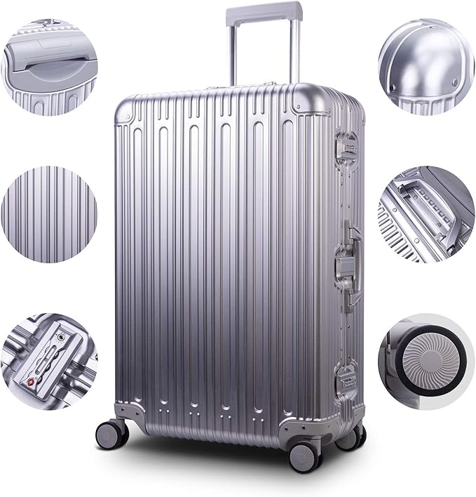 TRAVELKING All Aluminum Luggage Zipperless Hard Shell Suitcase with TSA Lock Spinner Wheels Lightweight Metal Alloy Suitcases (Silver, 28 inch)
