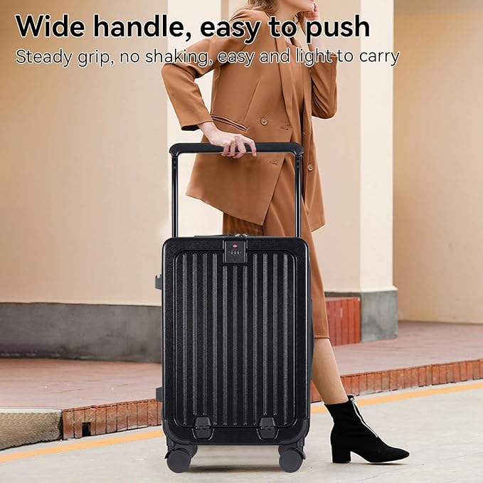 SOKOK Front Pocket Luggage with Spinner Wheels, 24'' Wide Handle Travel Suitcase PC Hardshell Multifunctional Luggage with Charging Port and Cup Holder, Black