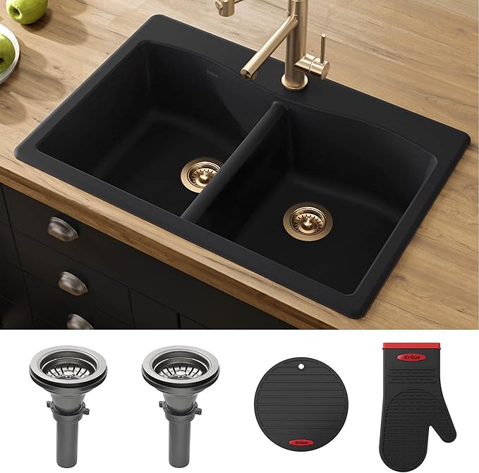 KRAUS Forteza 33-inch Drop in/Undermount 50/50 Double Bowl Granite Kitchen Sink in Black, KGD-52BLACK