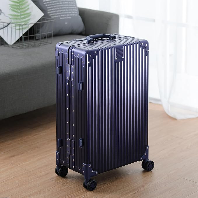Metal All Aluminum Carry-on Luggage TSA Customs Lock Zipperless Silent Rotary Wheel Business Suitcase Aluminum Frame Set (blue, 2Piece(20/28))
