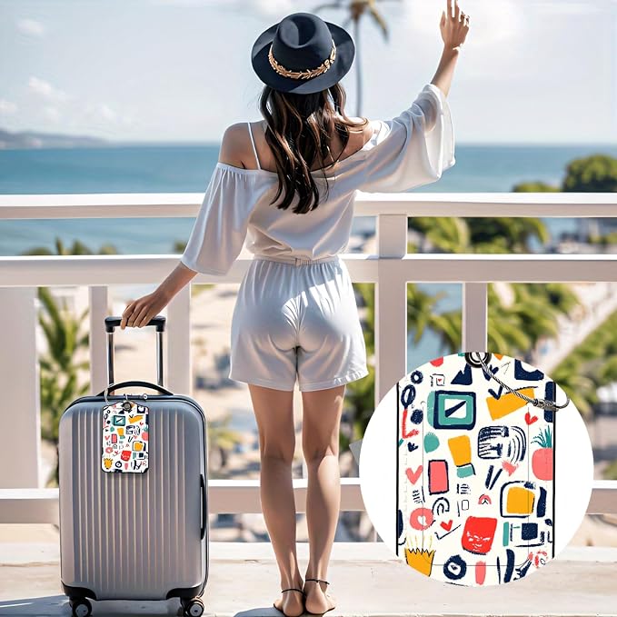 Luggage Tags for Suitcases, 2-Pack PU Leather for Cruise & Travel, Baggage ID Tags with Privacy Cover & Address Card, Durable Metal Ring, Kids Adults Travel Accessories, Abstract Doodles