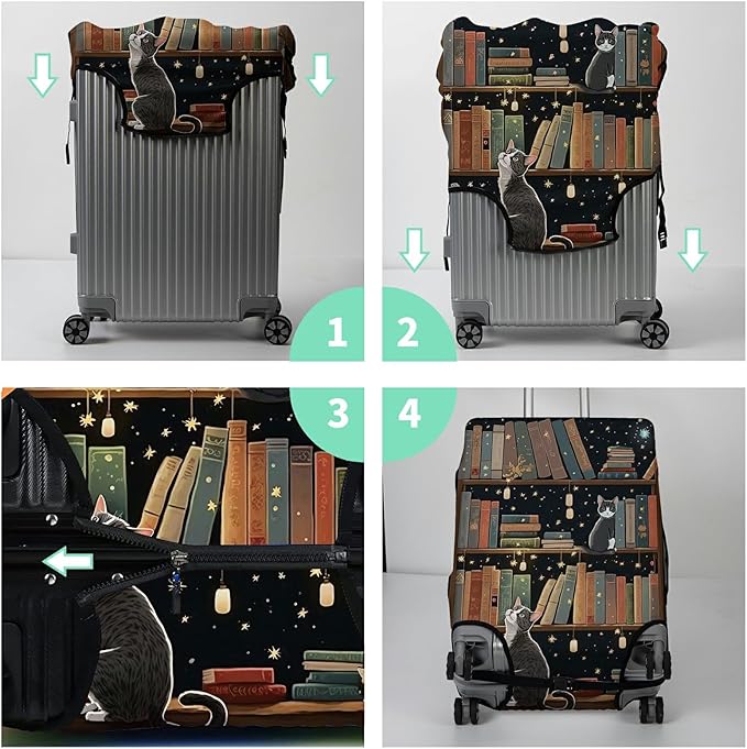 Luggage Cover Suitcase Protector Plus 1 Luggage Tag, Cat Library Travel Suitcase Cover for 26-28 inch Luggage (L) with Concealed Zipper Washable Elastic Cloth Dustproof Anti-Scratch