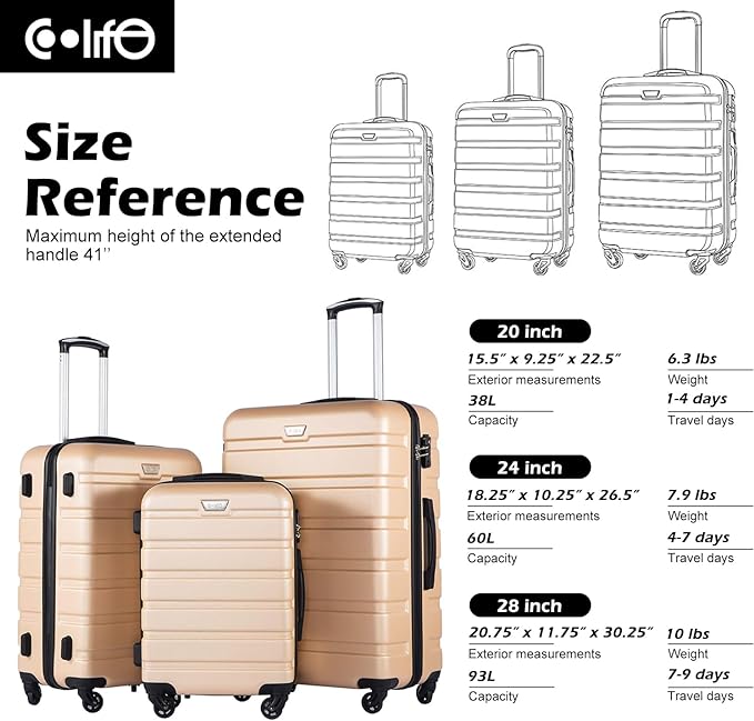Coolife Luggage 3 Piece Set Suitcase Spinner Hardshell Lightweight TSA Lock