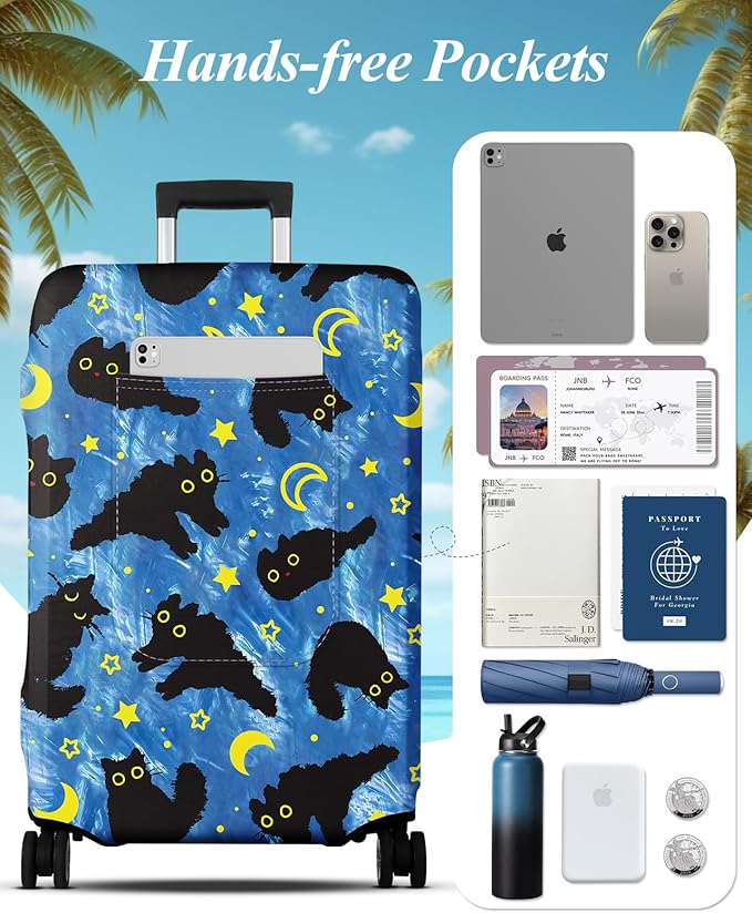 Slohif Luggage Cover for Suitcase Tsa Approved Protector - Luggage Sleeve Large Suit Case Cover Travel Stretch Baggage Case Protective Washable Fit 21-23 Inch Black Cat S