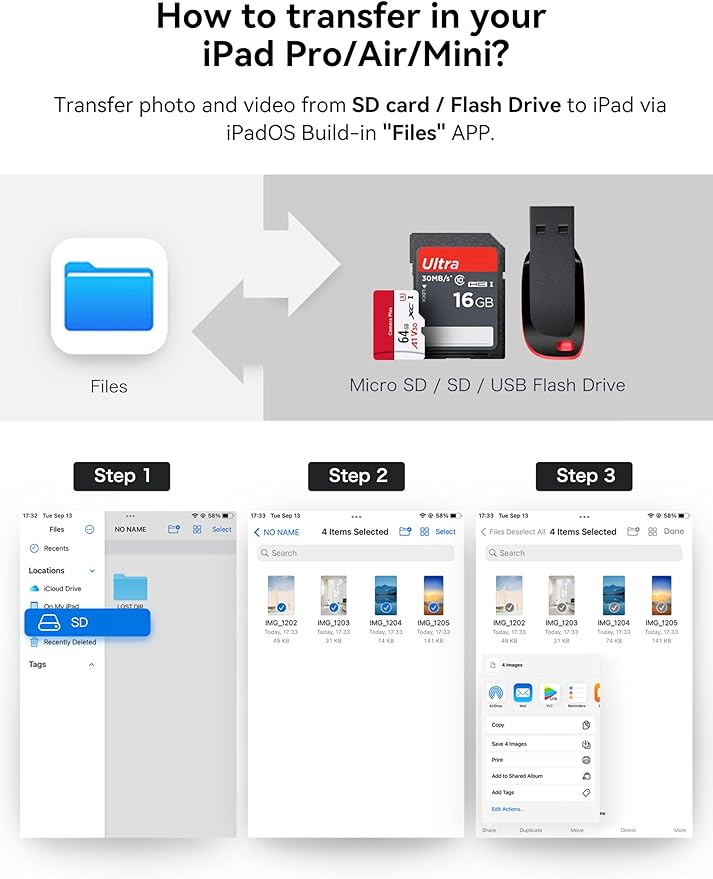 USB C to SD Card Reader, BnmxTek SD Card Adapter with SD MicroSD USB 3 Ports, USBC Memory Card Reader for iPhone 15 16, iPad, Mac, MacBook Pro/Air, Android and More USB-C/Type C Devices