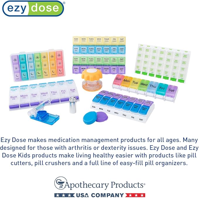 EZY DOSE Weekly AM/PM Pill Organizer, 7-Day Vitamin and Medication Box with Large Pop-Out Compartments, 2 Times a Day Pill Holder for Easy Dosing, Yellow and Blue Lids, Travel-Friendly Design