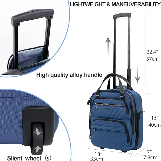 KROSER Carry On Underseat Multi-functional, 16-inch Underseater Lightweight Overnight Suitcase for Women, Haze Blue
