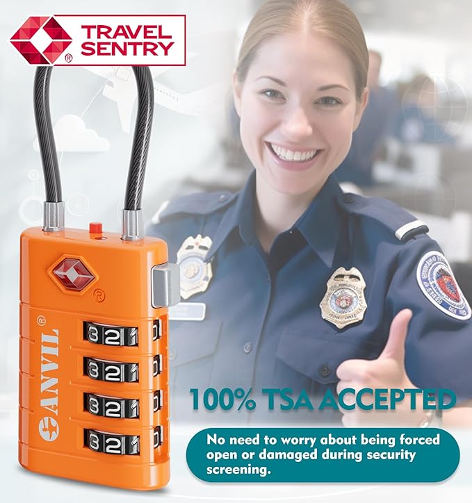 ANVIL 4 Digit Luggage Locks, TSA Locks for Luggage, Advanced TSA008 core, Alert Indicator for Your Travel Lock, Suitcase Lock. (2, Orange)