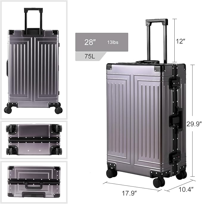 All Aluminum Magnesium 28inch Luggage，Cut from Whole Aluminum Sheet（3rd Generation,Premium Metal zipperless suitcase ） (grey, 28inch)