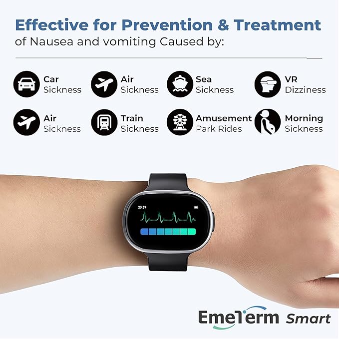 EmeTerm Smart FDA-Cleared Anti-Nausea Wristwatch Touchscreen IP67 Waterproof Morning Motion Sickness Relief Rechargeable Fast Acting Drug Free (Black - Extra 2pack Conductive Gel)