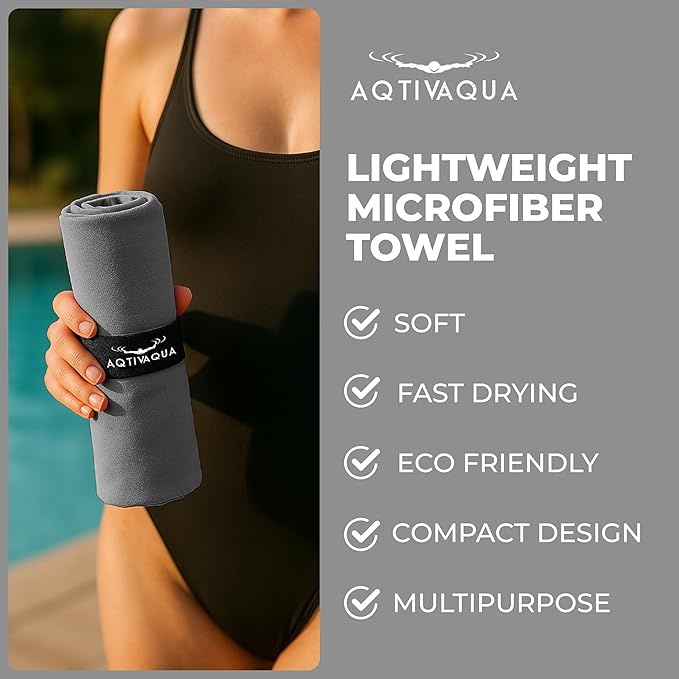 AqtivAqua Quick Dry Towel - Lightweight Microfiber Travel Towel w/Bag - Fast Drying Towel Set for Camping, Beach, Pool, Gym, Backpacking, Sports, Yoga & Swim Use, Hiking (Gray, L:30"x60")
