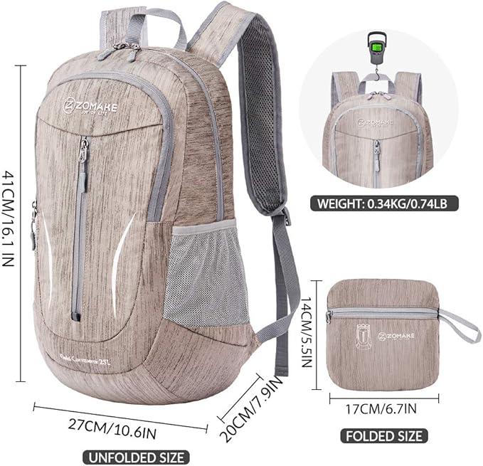 ZOMAKE 25L Ultra Lightweight Packable Backpack, Foldable Hiking Backpacks Water Resistant Small Folding Daypack for Travel(Light Gray)