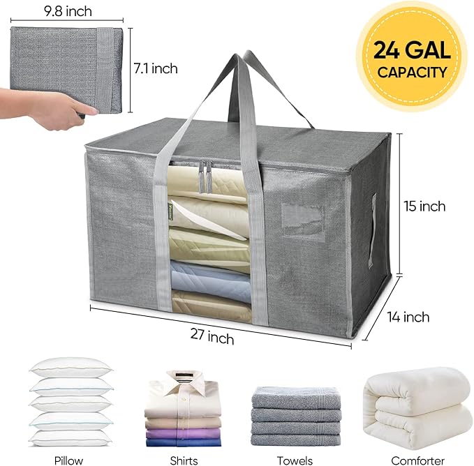 BALEINE 4-Pack Oversized Moving Bags with Reinforced Handles, Heavy-Duty Storage Tote for Clothes, Moving Supplies (Grey with Window, 4 Pack)