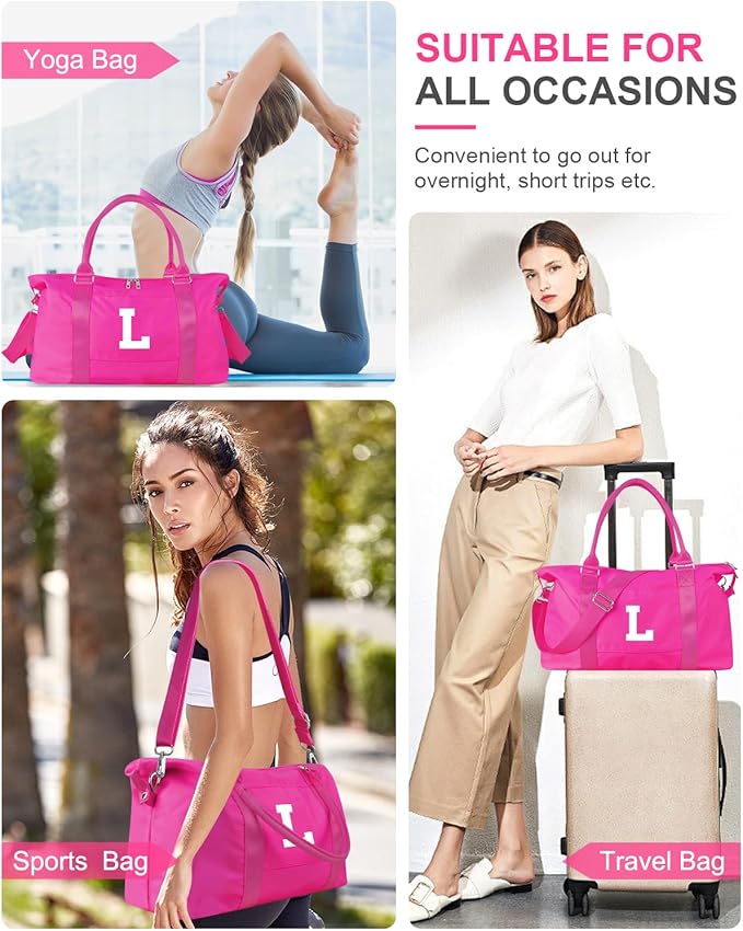 Overnight Bag for Kids Teen Girls Weekender Dance Bag Birthday Graduation Gifts,Initial Travel Duffel Bag Sports Gym Bag Personalized Weekender Bag Carry On Bags Preppy Gifts for Women(Hot Pink, L)