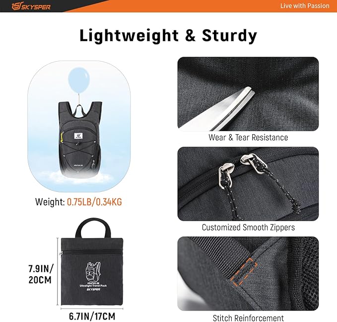 SKYSPER 15L/20L Foldable Hiking Backpack Lightweight Packable Travel Daypack with Chest Strap Small Folding Pack for Walking