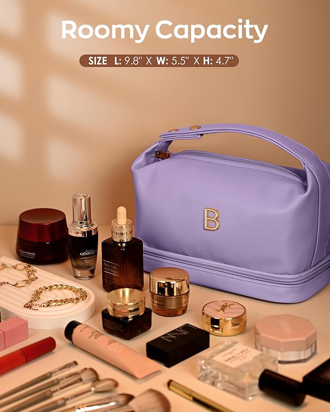 Birthday Gifts, Initial Makeup Bag, Waterproof Double Layer Cosmetic Bag, Large Capacity PU Leather Makeup Bags Letter Travel Toiletry Bag with Makeup Brush Organizer
