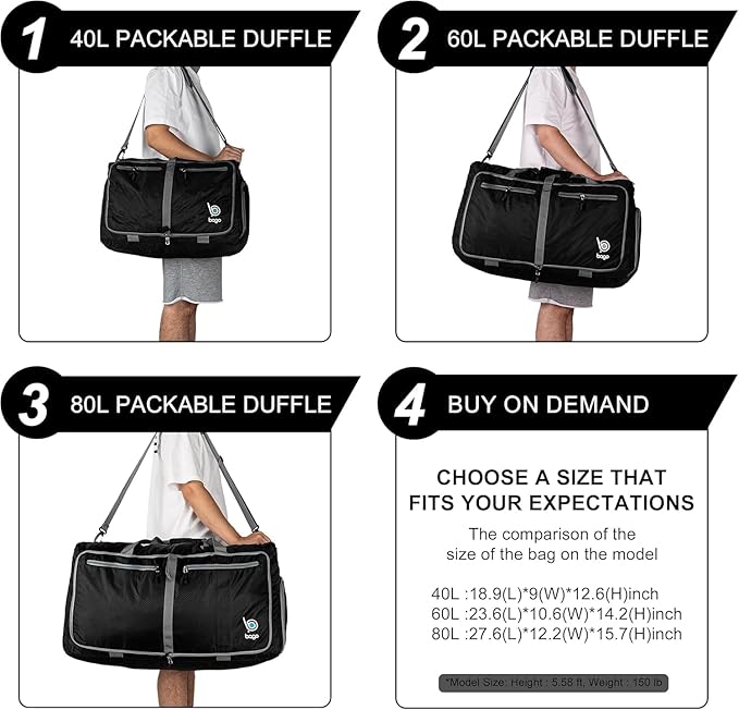 Bago Foldable Duffel Bags for Traveling Women & Men - 60L Medium Packable Duffle Bag for Travel with Shoe Compartment - Water Repellant, Heavy Duty, Lightweight Folding & Collapsible (All Black)