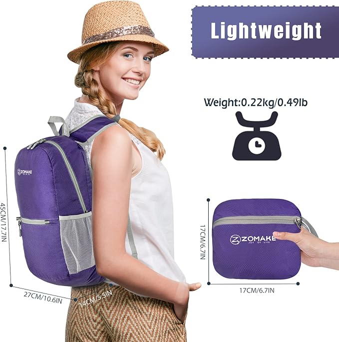 ZOMAKE Ultra Lightweight Hiking Backpack 20L, Packable Small Backpacks Water Resistant Daypack for Women Men(Purple)