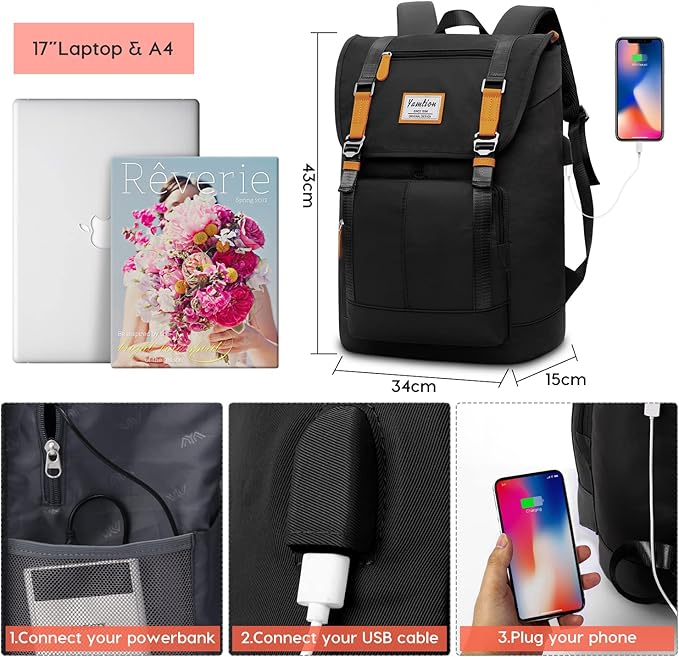 17" Laptop Backpack College Bookbag High School Backpack for Girls & Boys Teenagers,Backpack Business Laptop Knapsack with USB Charging Port for Women & Men