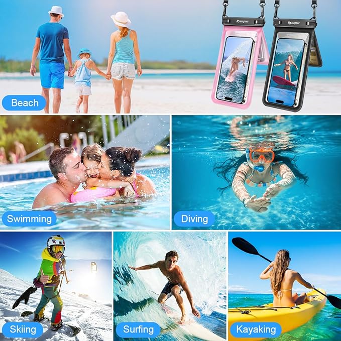 Double Space Waterproof Phone Pouch, 2 Pack Waterproof Phone Case with Lanyard for iPhone 16 15 14 Pro Max up to 8.5’’, Cellphone Dry Bag for Beach Vacation Travel Cruise Essentials