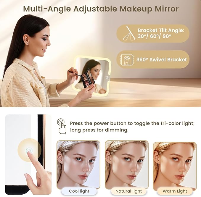 Makeup Case with Magnetic Lighted Mirror Cosmetic Train Box Detachable LED Mirror Adjustable Brightness in 3 Colors Waterproof Storage Organizer Artist Suitcase with Dividers Brush Holder, Rose Gold
