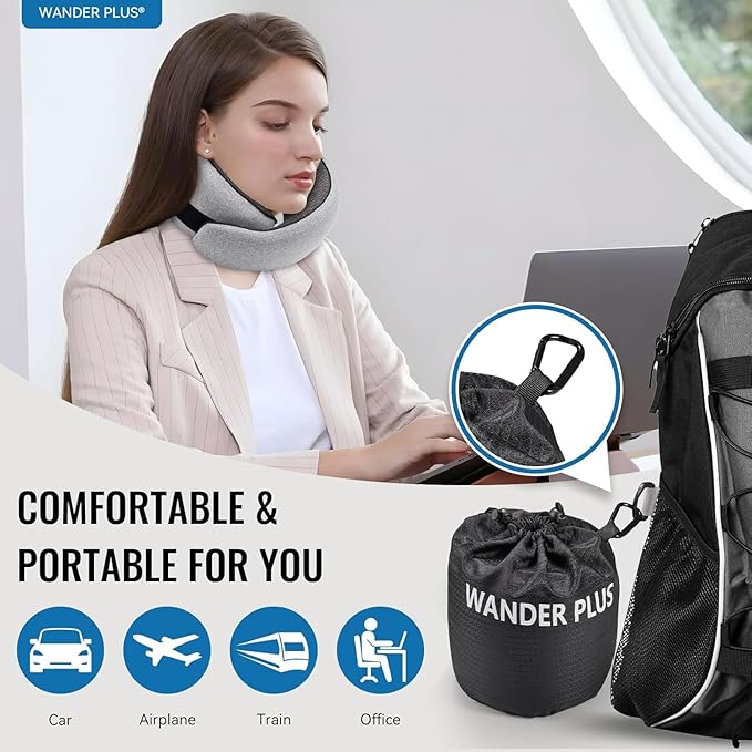 WANDER PLUS® Travel Neck Pillow, Memory Foam Neck Pillow for Airplanes, Comfortable Breathable Cover, 360 Degree Support Ergonomic Design Best for Sleeping Plane Train Travel Essentials Max Sky Blue