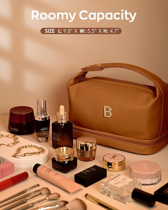 Makeup Bag For Teens 16-18, Personalized Makeup Bag with Handle, Initial Double Layer Cosmetic Bag with Makeup Brush Organizer, Cute Cosmetic Pouch for Women, Gifts for Friends Female Mom