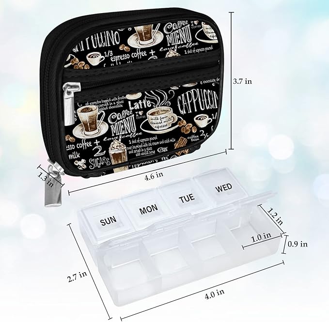 Serfeymi Weekly Travel Pill Organizer Pill Case for Purse with Removable 7 Day Pill Box, Fashionable Travel Medicine Organizer Pill Container for Medicine, Vitamin, Supplement - Black 02 + Pill Box